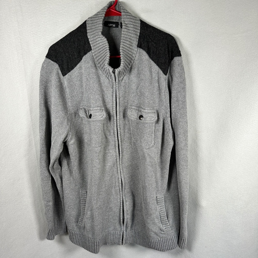 Apt 9 Sweater Mens XXL Grey Full Zip Mock Neck Cotton Knit EUC